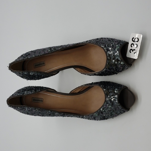 SHOESTOCK women US 10 EU 41 silver pewter heels peep toe sequin open Dorsay side - Picture 11 of 11